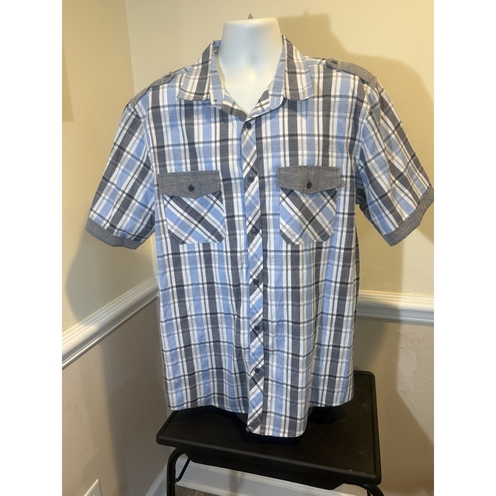 Blac Lacquer Mens 3XL Button Front Collard Shirt Short Sleeve Blue Grey Plaid.